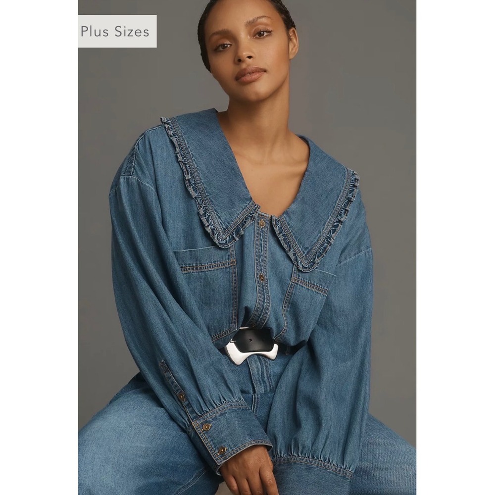 Anthropologie Pilcro Frill-Collar Denim Buttondown Shirt Medium Wash XSP PTP 21"